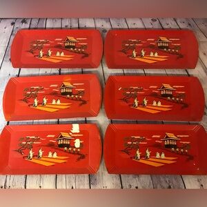 Vintage Set of Six Hasko Red Lithograph Pagoda Scene Wood Mid Century Lap Trays